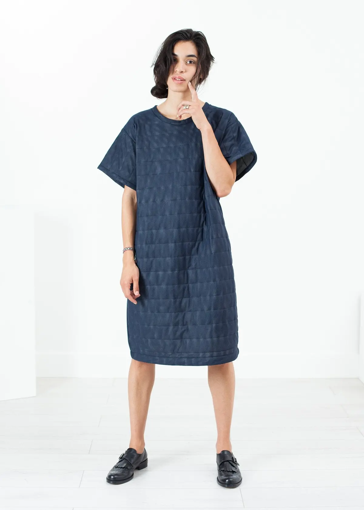 Quilted Mesh T-Shirt Dress In Navy 4