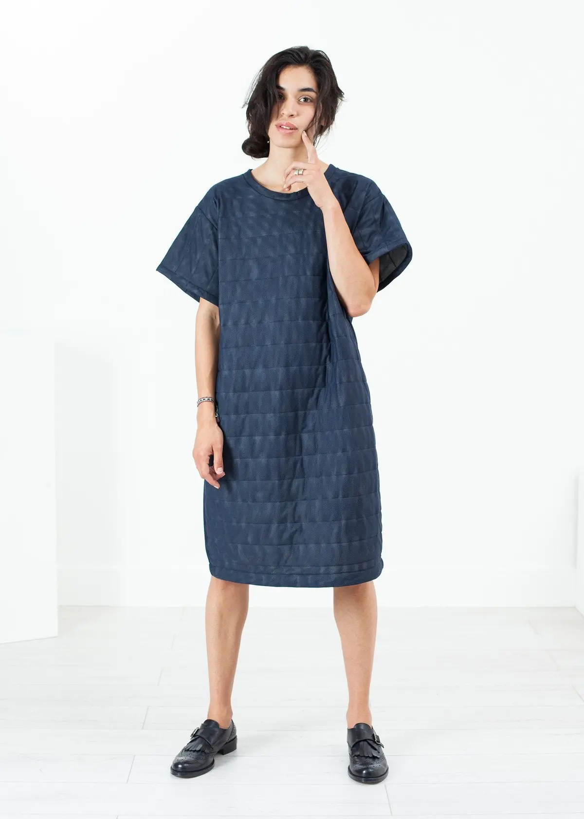 Quilted Mesh T-Shirt Dress In Navy 8