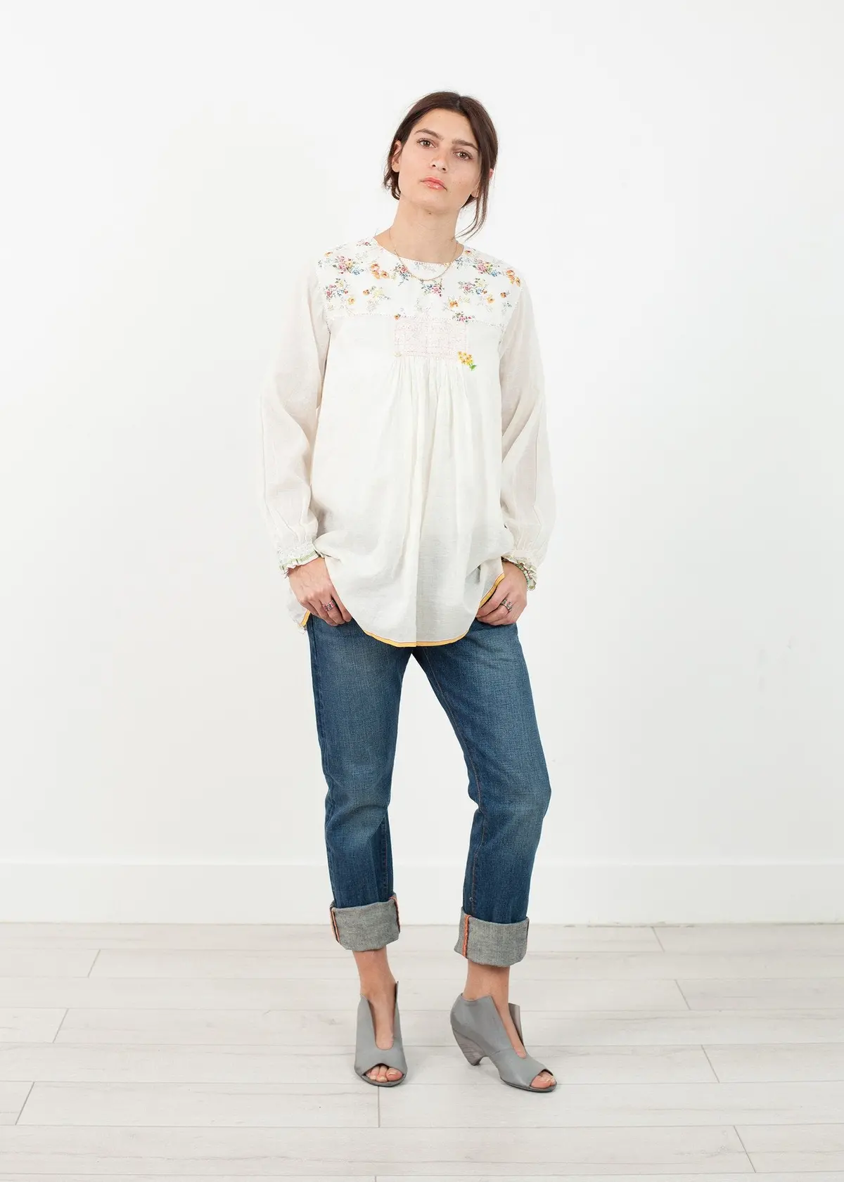 Floral Front Peasant Blouse In White 2