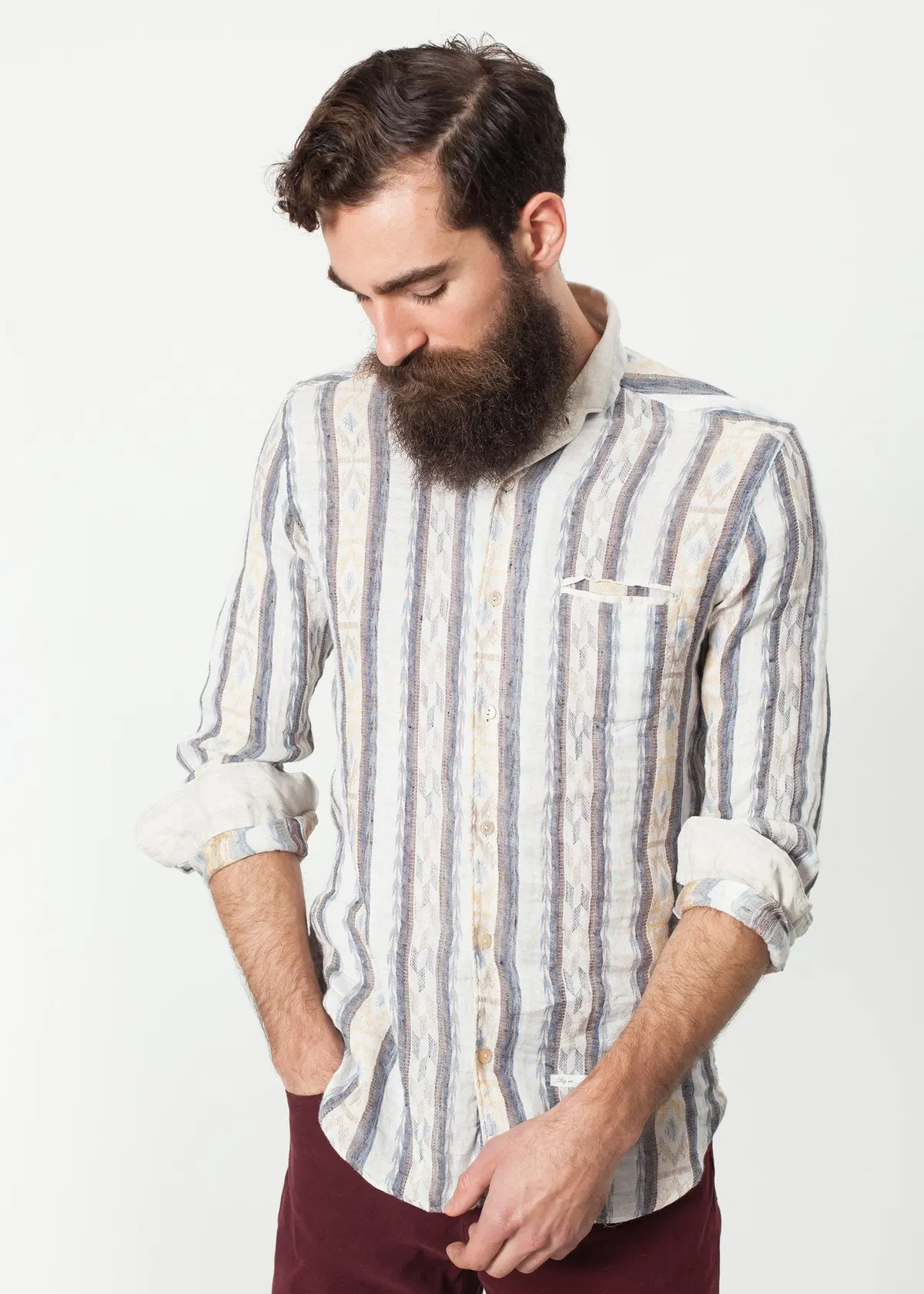 Linen Western Shirt In Beige/Blue 1