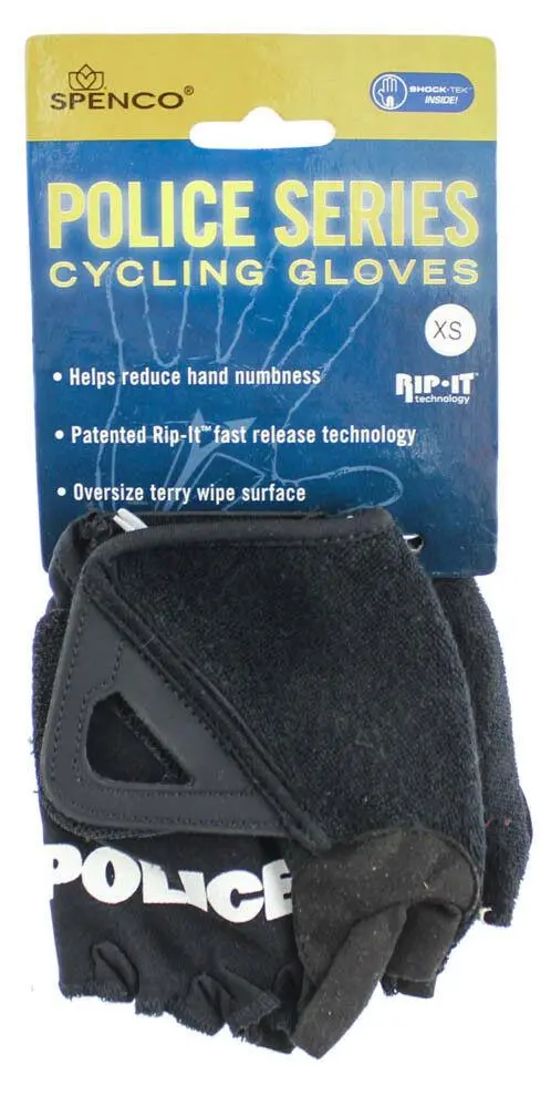 Spenco Police Rip-It X-Small Cycling Black Bike Padded Half Finger Gloves New 1