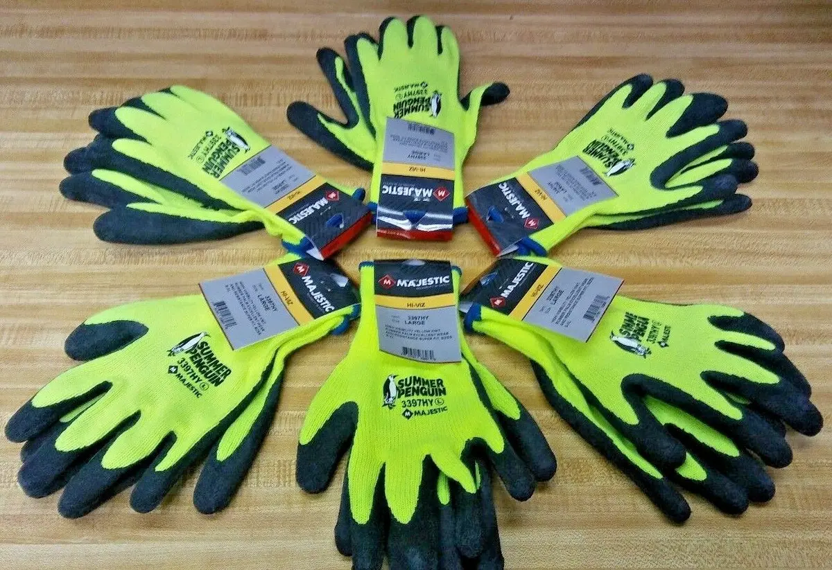 (6 Pairs) Majestic Summer Penguin Unlined Rubber Palm Gloves Safety Yellow Large 1