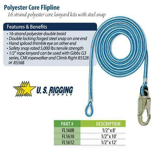Fl1612 Us Rigging Arborist 1/2" X 12' 16 Strand Rope Flipline 1