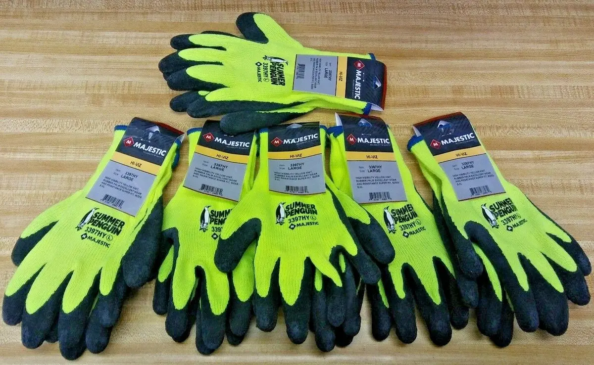 (6 Pairs) Majestic Summer Penguin Unlined Rubber Palm Gloves Safety Yellow Large 2