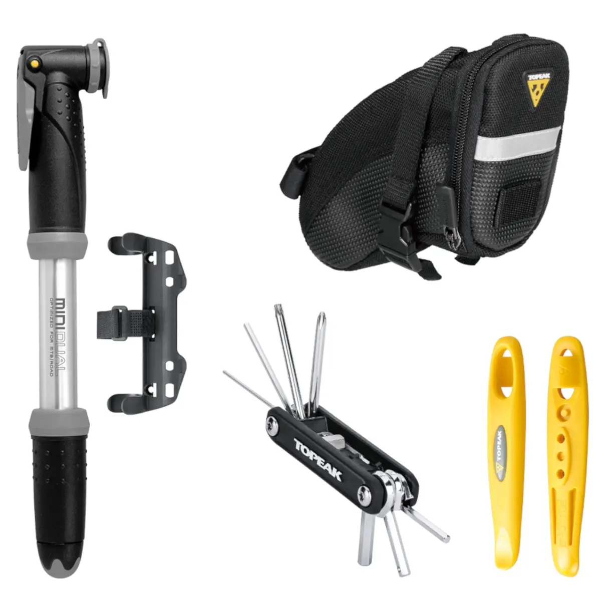 Topeak Tc2407 Essentials Cycling Accessory Kit W-Seat Pack, Mini Dual Pump, Multi-Tool, Tire Levers 1
