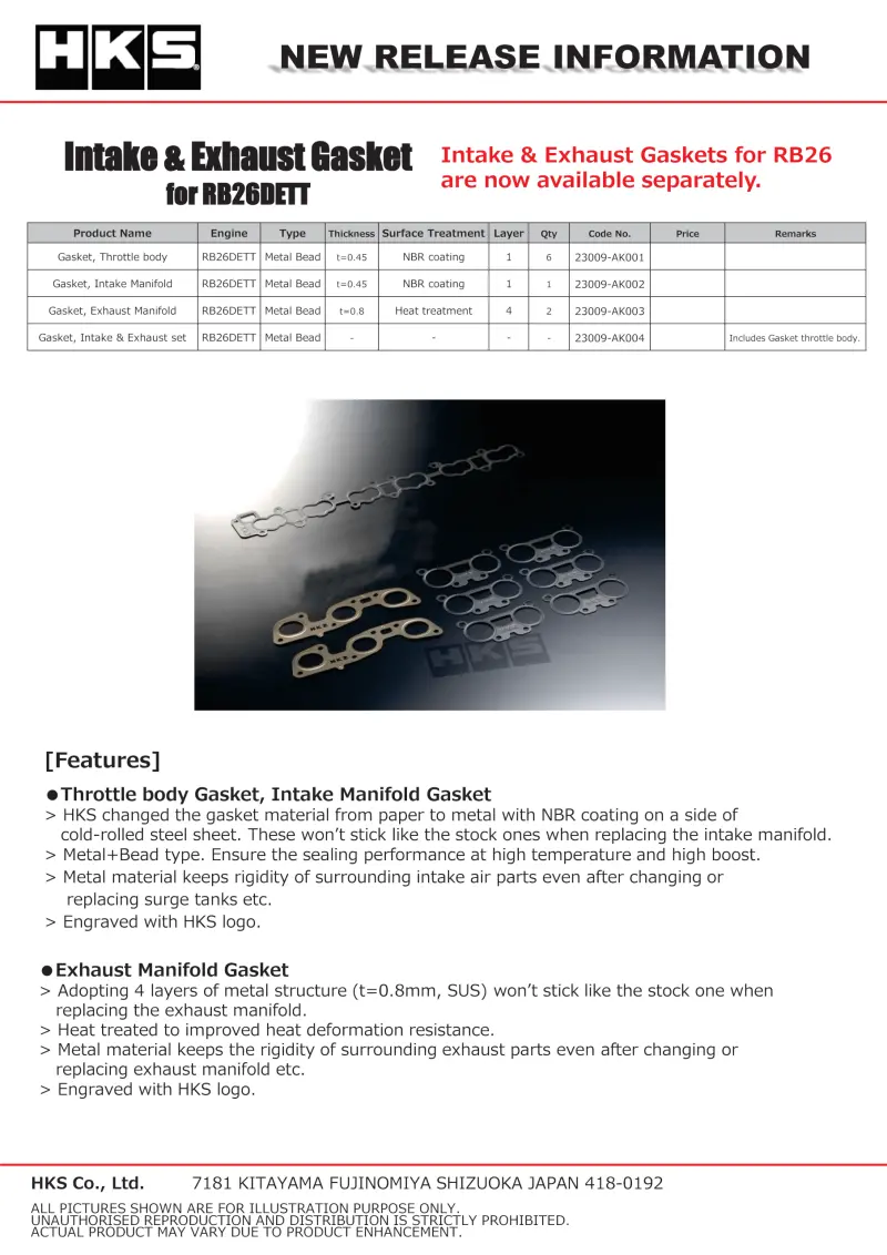 Hks Intake And Exhaust Gasket Kit For Nissan Rb26Dett Engine 1